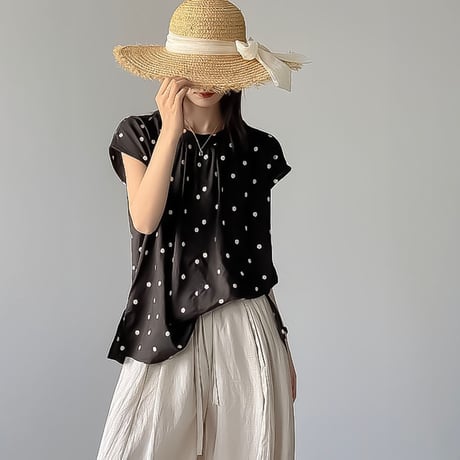 polka dot gather cap sleeve blouse　NK2391