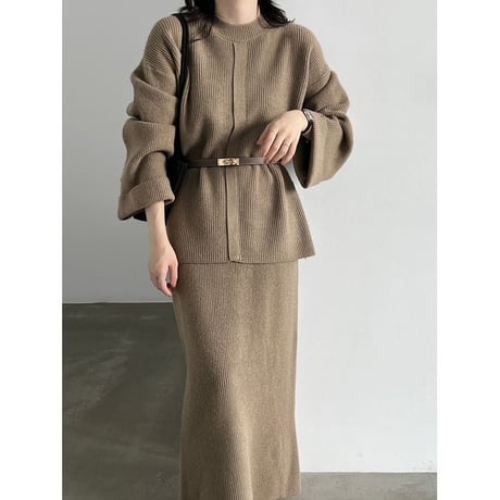 knit front design button cuffs top & long skirt set　NK2638