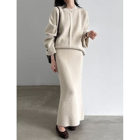 knit front design button cuffs top & long skirt set　NK2638