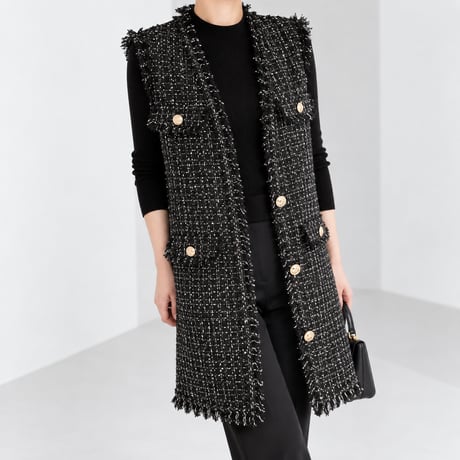 tweed long fringe gilet　NK2509