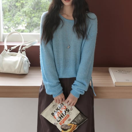 side tie mesh knit sweater　NK2713