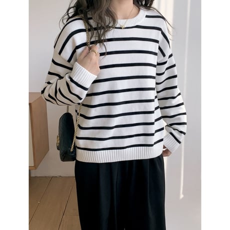 striped round neck knit top /2color　NK2682