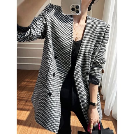 houndstooth collarless jacket　NK2666