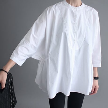 side gather band collar blouse /2color　NK2442