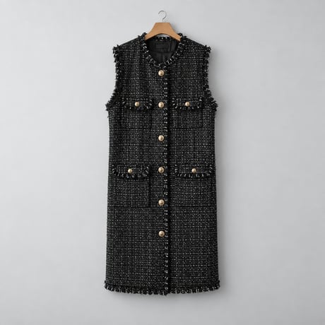 tweed long fringe gilet　NK2509