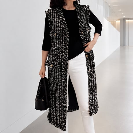 tweed long fringe gilet　NK2509