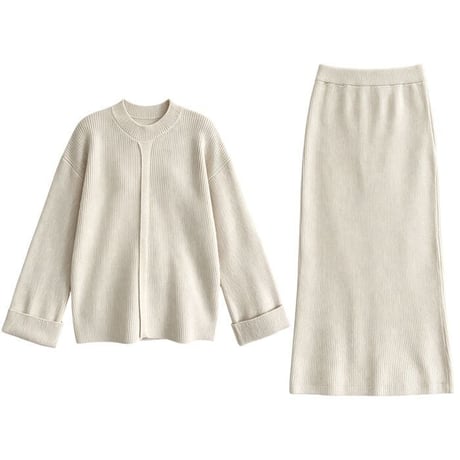 knit front design button cuffs top & long skirt set　NK2638
