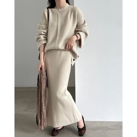 knit front design button cuffs top & long skirt set　NK2638