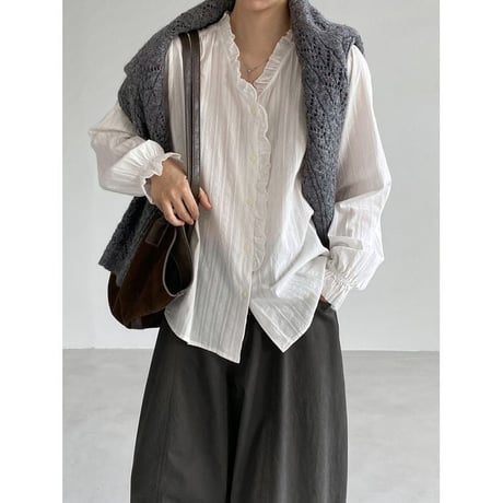 frill neck stripe blouse　NK2626