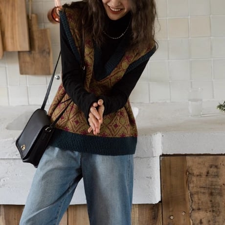 retro pattern vneck vest　NK2690