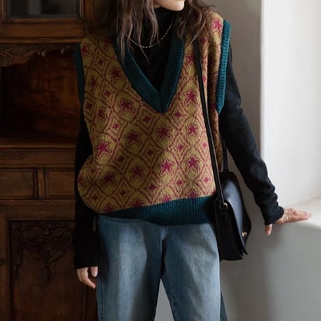 retro pattern vneck vest　NK2690
