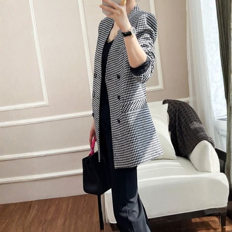 houndstooth collarless jacket　NK2666