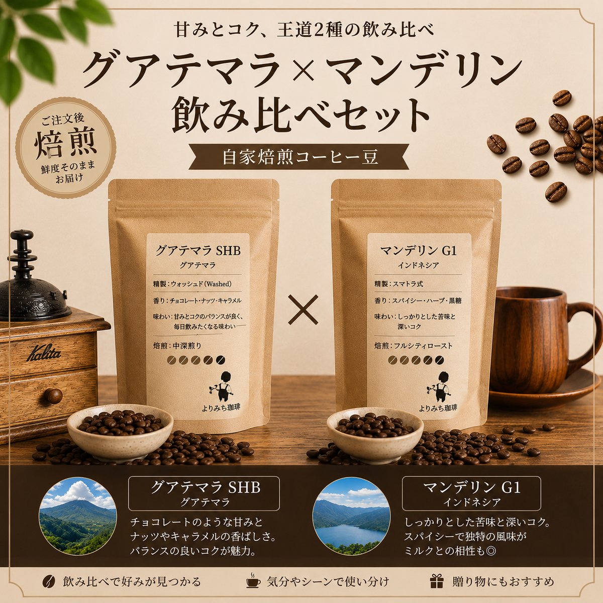 自家焙煎】グアテマラ×マンデリン 飲み比べセット | よりみち焙煎所