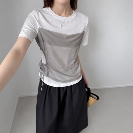 contrast color sheer layered drawstring top/2color　MA2079