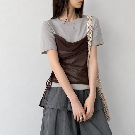 contrast color sheer layered drawstring top/2color　MA2079