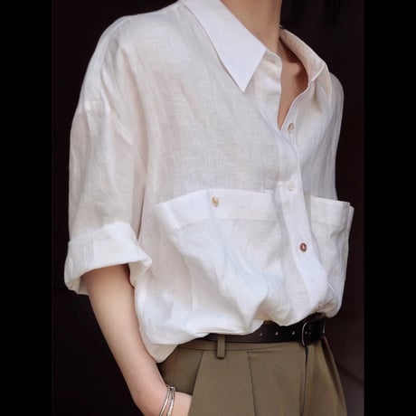 linen blend sheer white oversized pocket shirt　MA2074