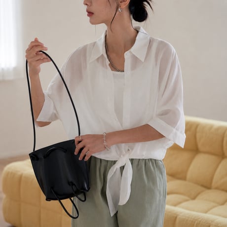 sheer tie hem short sleeve shirt/3color　MA2030