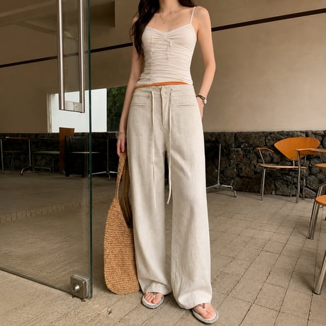 natural color drawstring low waist wide pants/2color　MA2104