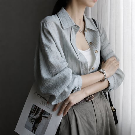 linen blend sheer stripe over shirt/3color　MA2034