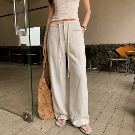 natural color drawstring low waist wide pants/2color　MA2104