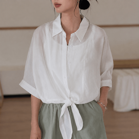 sheer tie hem short sleeve shirt/3color　MA2030