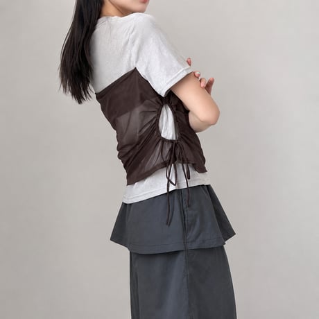contrast color sheer layered drawstring top/2color　MA2079