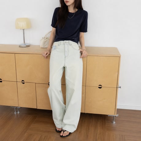 print light wash mid rise straight denim pants　MA2100