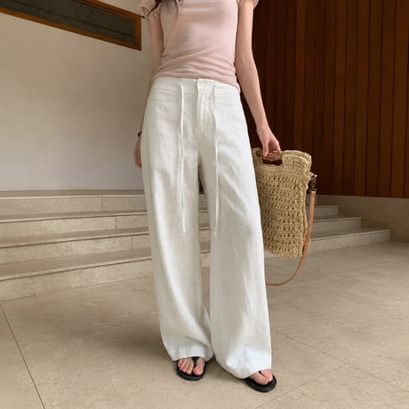 natural color drawstring low waist wide pants/2color　MA2104