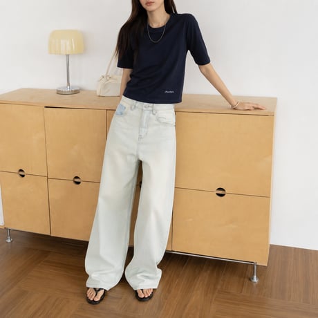 print light wash mid rise straight denim pants　MA2100