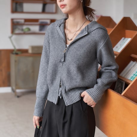 gray hooded double zip short length knit cardigan　MA2145