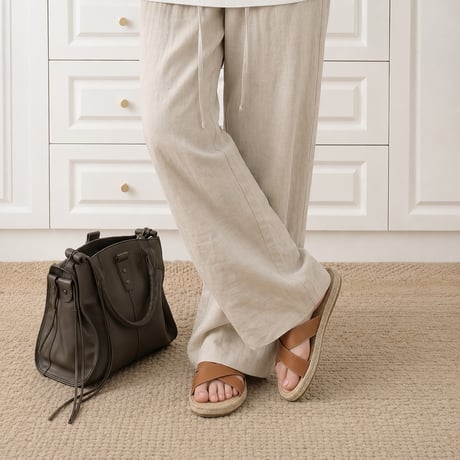 natural color drawstring low waist wide pants/2color　MA2104