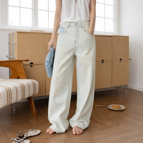 print light wash mid rise straight denim pants　MA2100