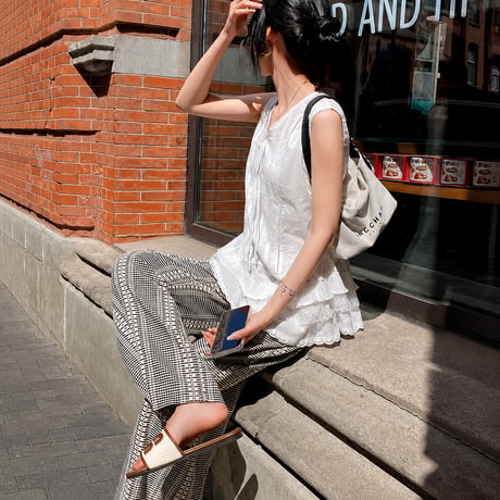 gingham lace trim wide pants　MA2185
