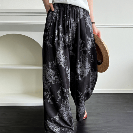 linen blend botanical print wide pants　MA2075