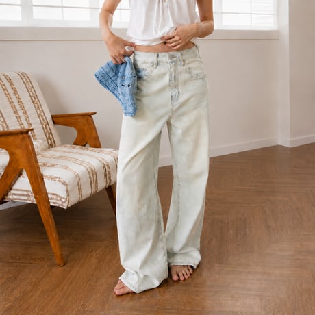 print light wash mid rise straight denim pants　MA2100