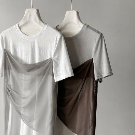 contrast color sheer layered drawstring top/2color　MA2079