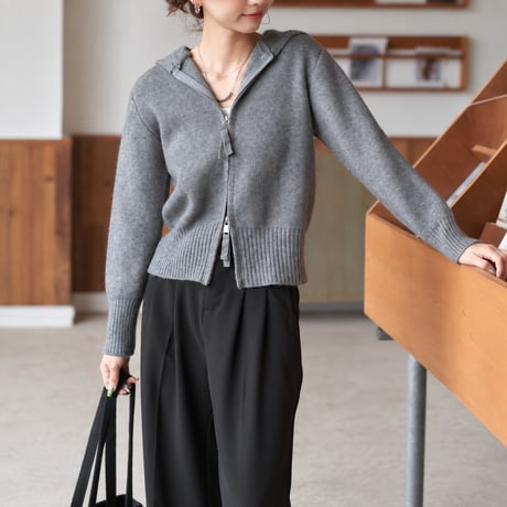 gray hooded double zip short length knit cardigan　MA2145