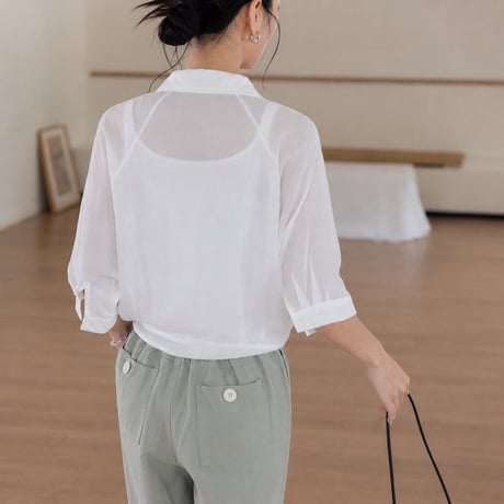 sheer tie hem short sleeve shirt/3color　MA2030