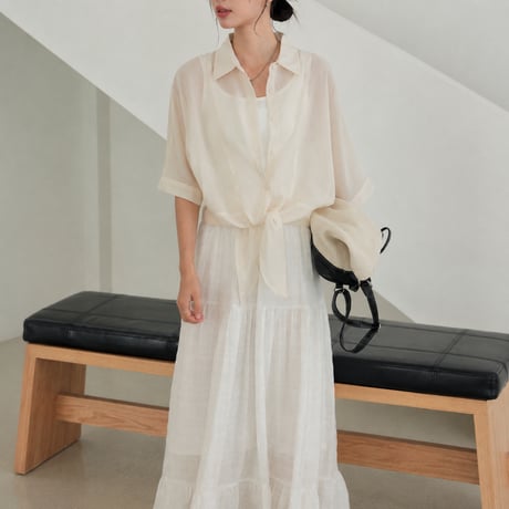 sheer tie hem short sleeve shirt/3color　MA2030