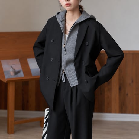 gray hooded double zip short length knit cardigan　MA2145