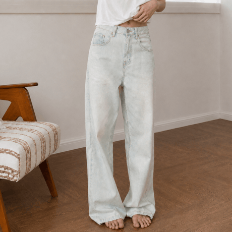 print light wash mid rise straight denim pants　MA2100
