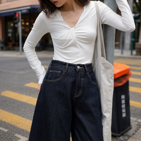 indigo high waist wide denim pants　MA2085