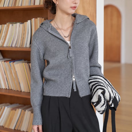 gray hooded double zip short length knit cardigan　MA2145