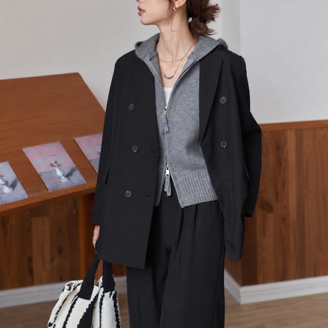 gray hooded double zip short length knit cardigan　MA2145
