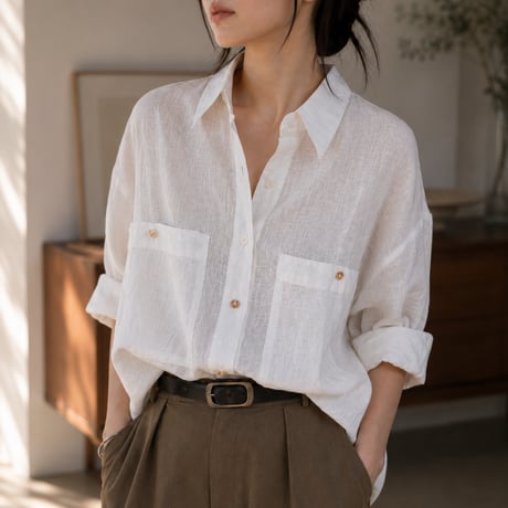 linen blend sheer white oversized pocket shirt　MA2074
