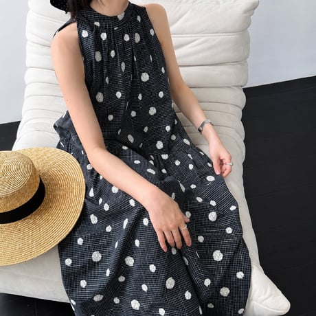 dot embroidery check sleeveless one piece　MA1994