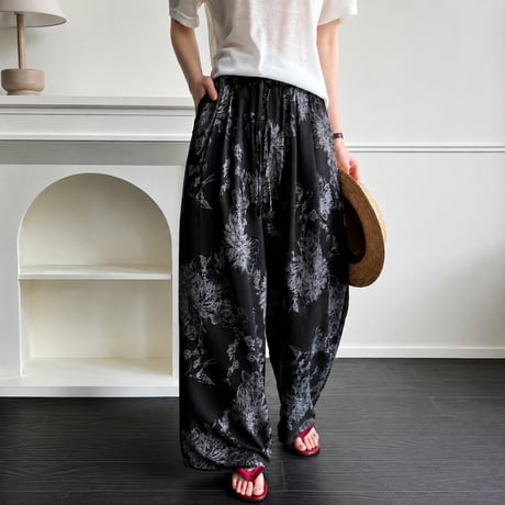 linen blend botanical print wide pants　MA2075