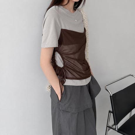 contrast color sheer layered drawstring top/2color　MA2079