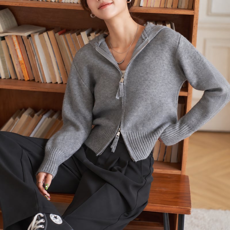 gray hooded double zip short length knit cardig