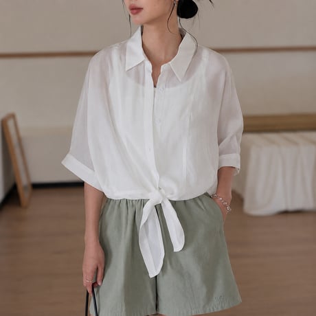 sheer tie hem short sleeve shirt/3color　MA2030